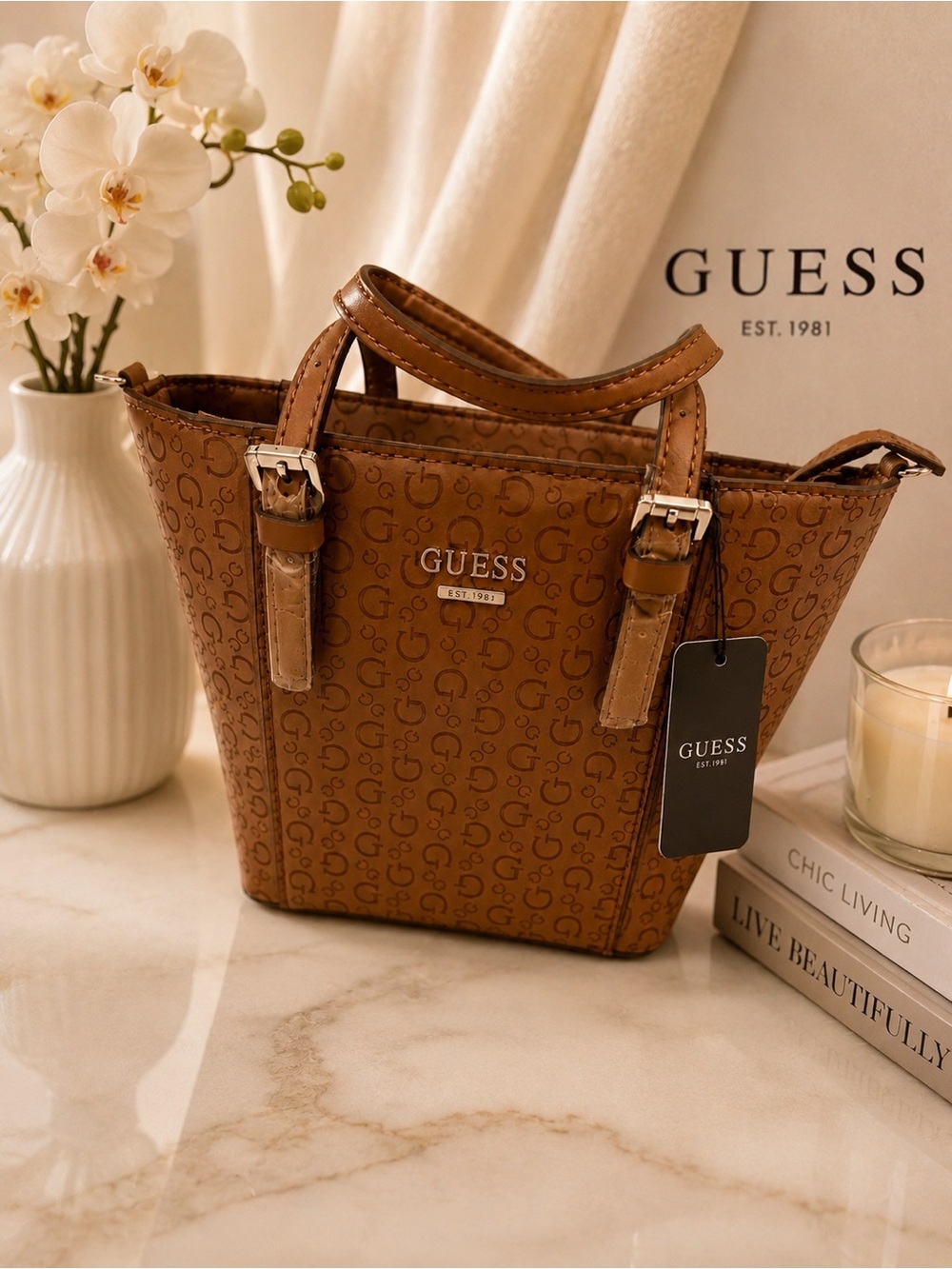 GUESS Brown Monogram Mini Tote with Top Handles